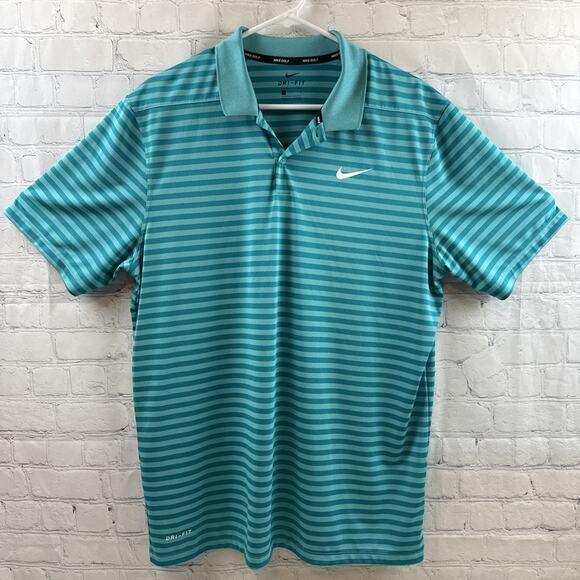 Nike Dri-Fit Blue Teal Striped Polo Shirt Size Large Men’s - Picture 2 of 10